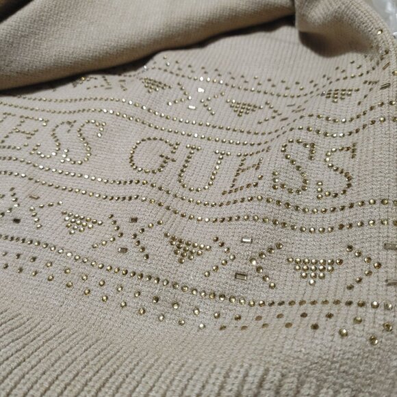 Scarf Set Guess Womens Beige Netutral Knit Beanie Studs Rhinestone Logo Design - Picture 8 of 10